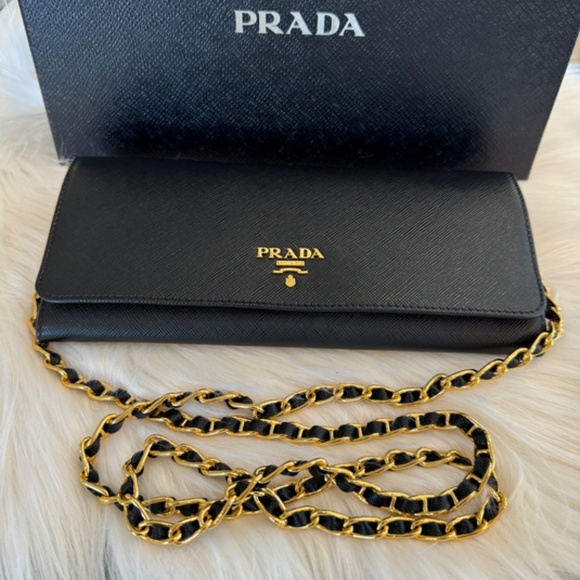 Black & Gold Prada Saffiano Leather Wallet On Chain - Never Used - Picture 2 of 11